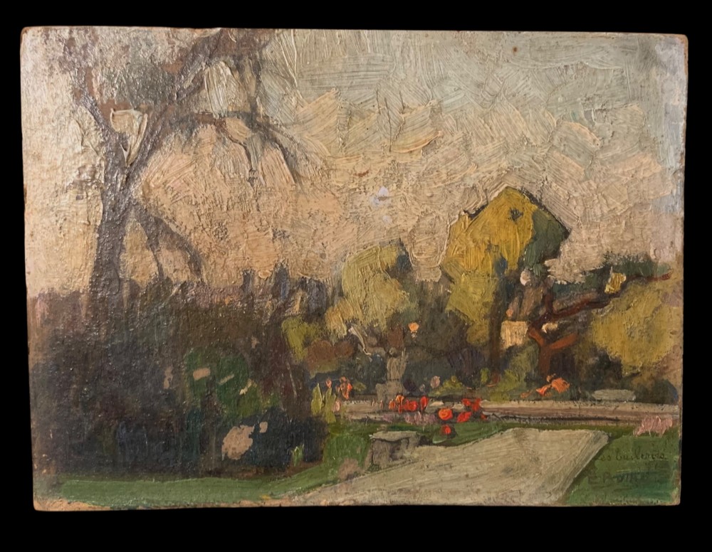 An impressionist oil painting on wooden board depicting the Tuileries Garden in Paris with visible impasto brushstrokes in muted green, ochre, and grey tones.