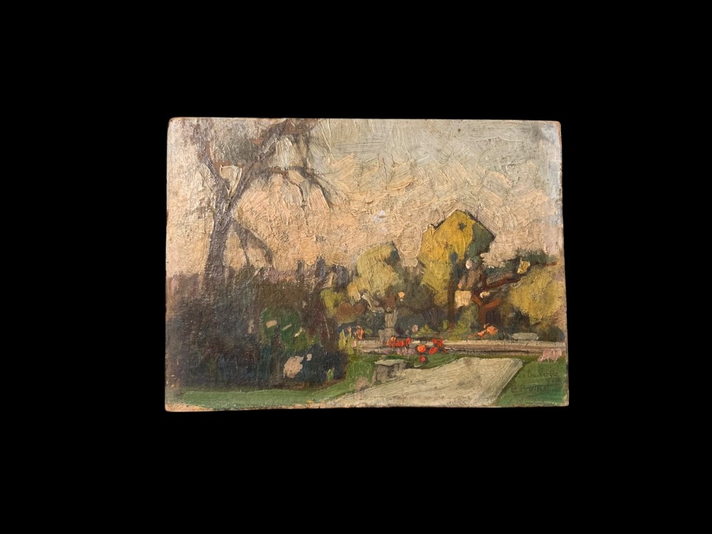 An impressionist oil painting on wooden board depicting the Tuileries Garden in Paris with visible impasto brushstrokes in muted green, ochre, and grey tones. View II