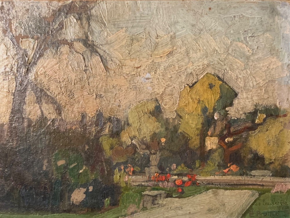 An impressionist oil painting on wooden board depicting the Tuileries Garden in Paris with visible impasto brushstrokes in muted green, ochre, and grey tones. View III