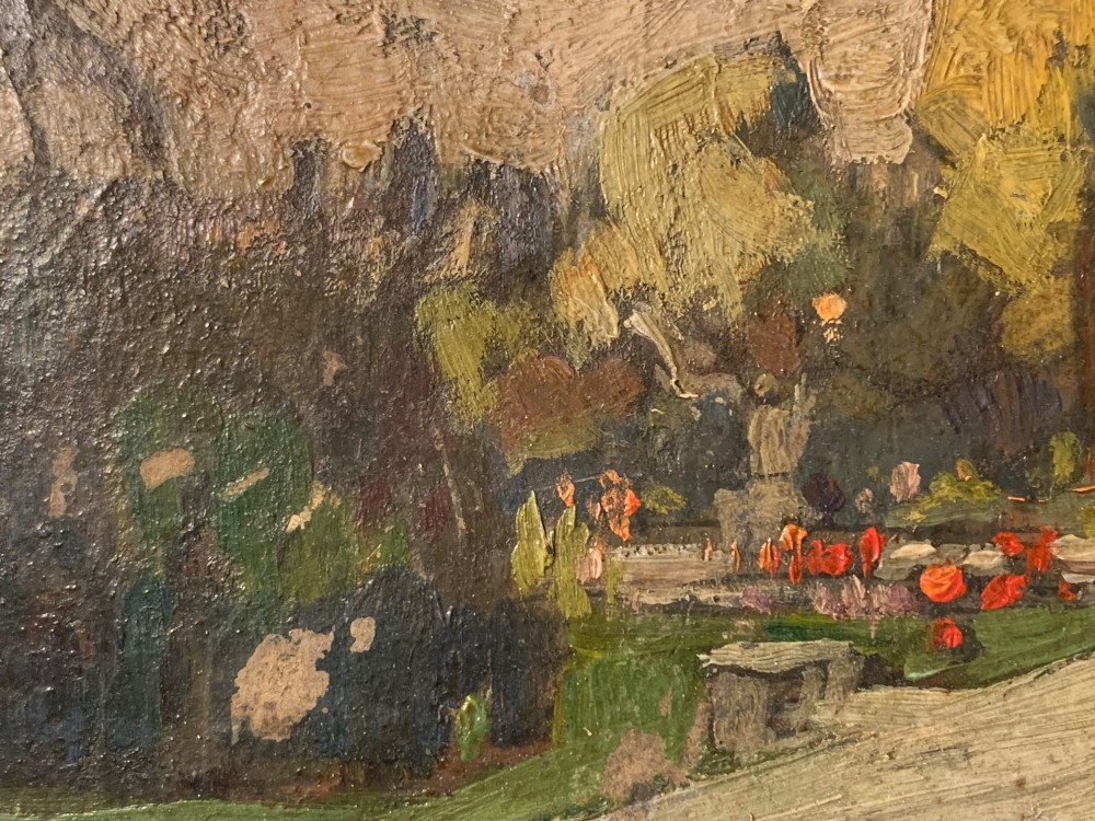 An impressionist oil painting on wooden board depicting the Tuileries Garden in Paris with visible impasto brushstrokes in muted green, ochre, and grey tones. View IV