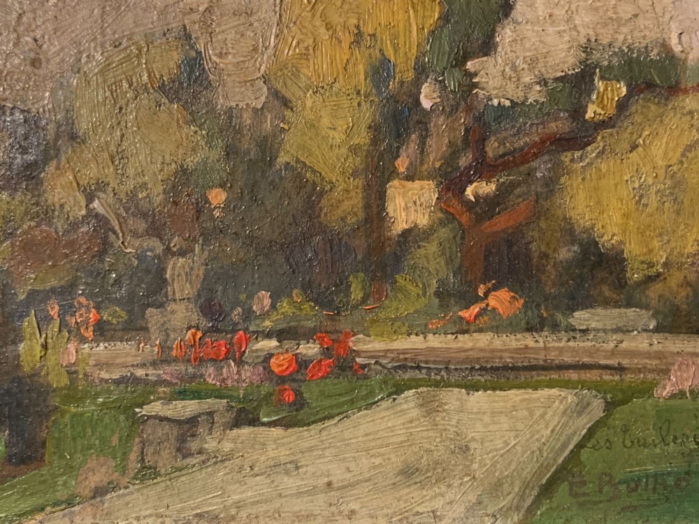 An impressionist oil painting on wooden board depicting the Tuileries Garden in Paris with visible impasto brushstrokes in muted green, ochre, and grey tones. View V
