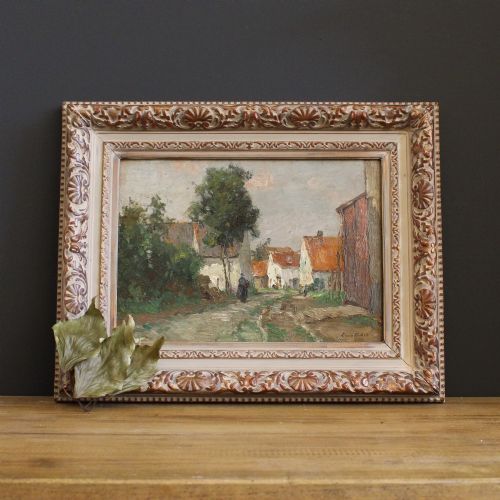 fig 1. Leon Riket, Village View, Original Antique Impressionist Oil Painting