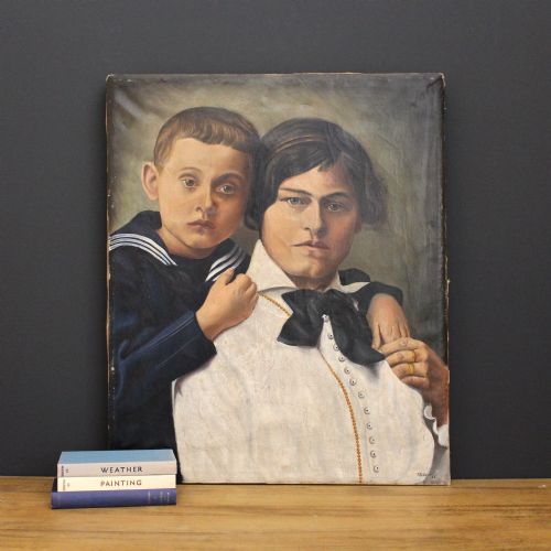 F Plossl, Mother and Child, Original Oil Painting, Mid-century