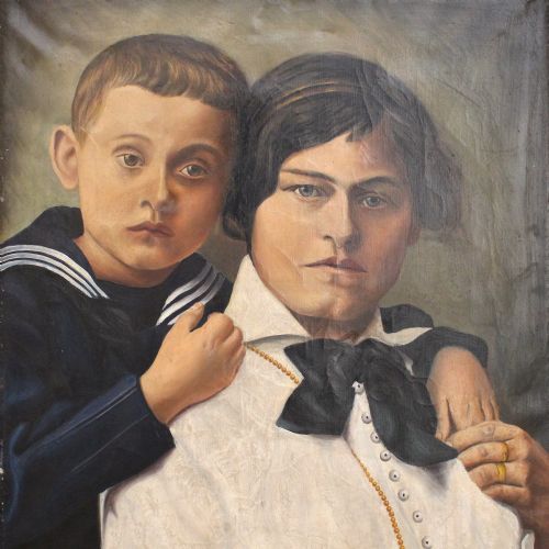 fig 1. F Plossl, Mother And Child, Original Oil Painting, Mid-Century