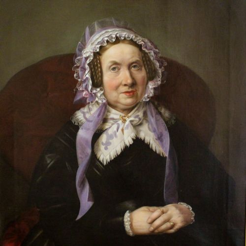 Carl Theodor Demiany, Large Portrait of a Lady in a Lilac Bonnet, Antique Oil Painting