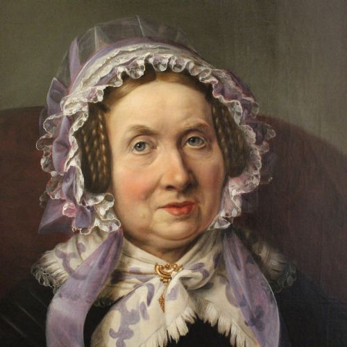 fig 1. Carl Theodor Demiany, Large Portrait Of A Lady In A Lilac Bonnet, Antique Oil Painting