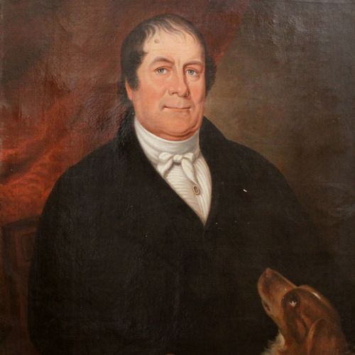fig 1. Portrait Of A Country Gentleman, Naive Antique Painting, Man & Dog, Spaniel