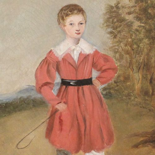 Naive English Antique Oil Painting, Boy with Riding Crop