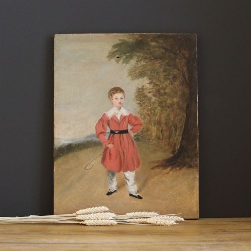 fig 1. Naive English Antique Oil Painting, Boy With Riding Crop