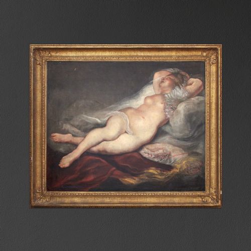 Large Portrait of a Reclining Nude, Original French Antique Oil Painting, Early 19th Century