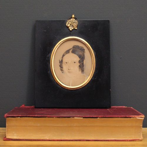 Victorian Miniature with Needlework, Antique Painting