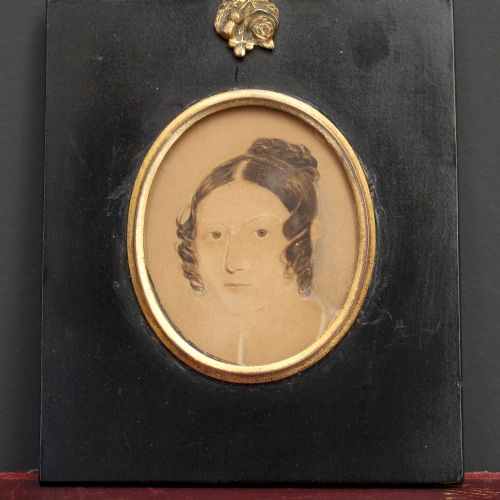 fig 1. Victorian Miniature With Needlework, Antique Painting