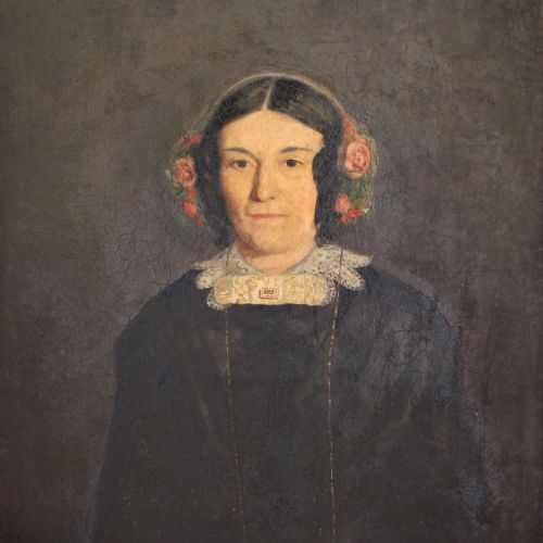 fig 1. Portrait Of A Lady With A Floral Lace Cap, Victorian Oil Painting