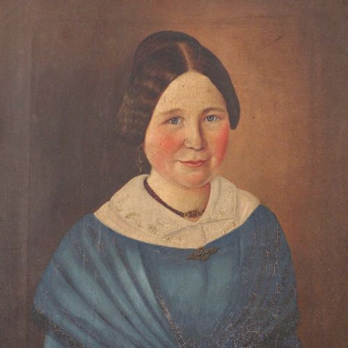 fig 1. Portrait Of A Lady In A Blue Dress, Naive Antique Oil Painting, 19th Century, Folk Art