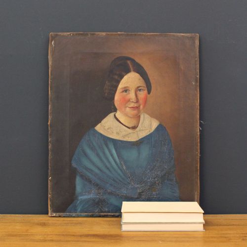 Portrait of a Lady in a Blue Dress, Naive Antique Oil Painting, 19th Century, Folk Art