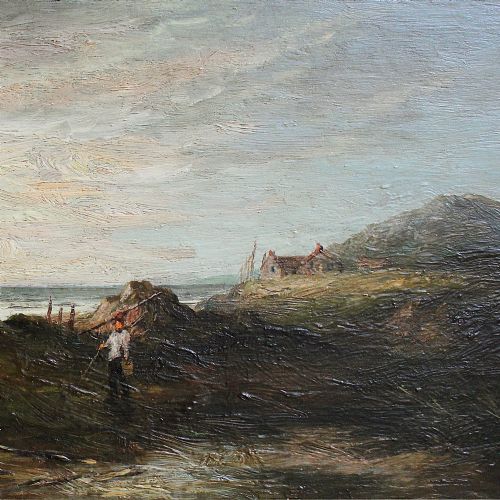 fig 1. Samuel Bough RSA, Shore Scene With A Shrimp Fisherman, Antique Oil Painting, Coast, Scotland