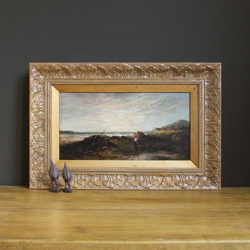 Samuel Bough Rsa, Shore Scene with a Shrimp Fisherman, Antique Oil Painting, Coast, Scotland