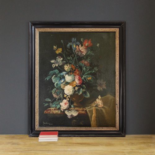 Large Continental School Still Life with Flowers, Antique Oil Painting