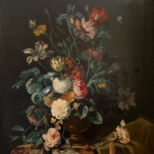 fig 1. Large Continental School Still Life With Flowers, Antique Oil Painting