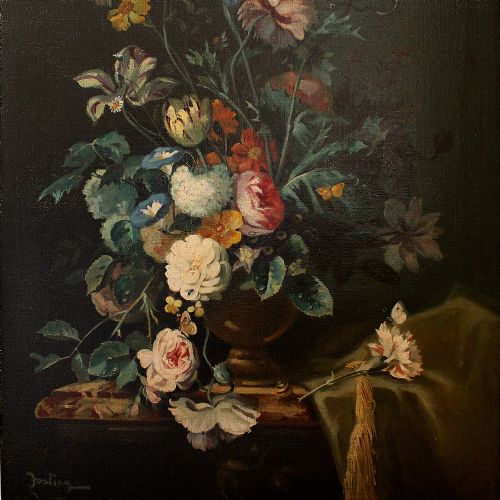 fig 2. Large Continental School Still Life With Flowers, Antique Oil Painting
