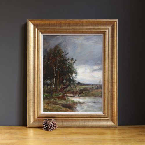 James Herbert Snell Roi, River Landscape with a Silver Birch, English Countryside, Antique Painting