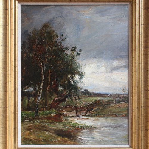 fig 1. James Herbert Snell ROI, River Landscape With A Silver Birch, English Countryside, Antique Painting