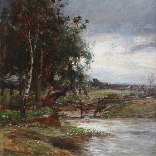 fig 2. James Herbert Snell ROI, River Landscape With A Silver Birch, English Countryside, Antique Painting