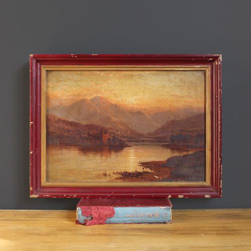 Scottish Loch with Island Castle, Antique British Oil Painting, Sunset