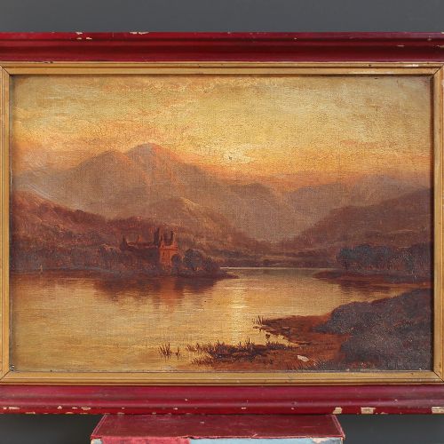 fig 1. Scottish Loch With Island Castle, Antique British Oil Painting, Sunset