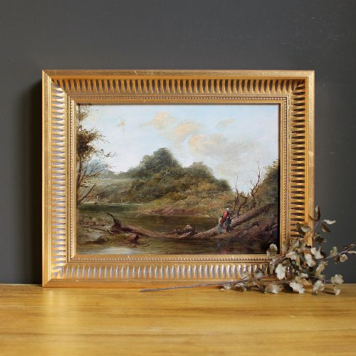 British Landscape Study with River Crossing, Antique Oil Painting, Countryside