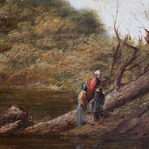 fig 1. British Landscape Study With River Crossing, Antique Oil Painting, Countryside