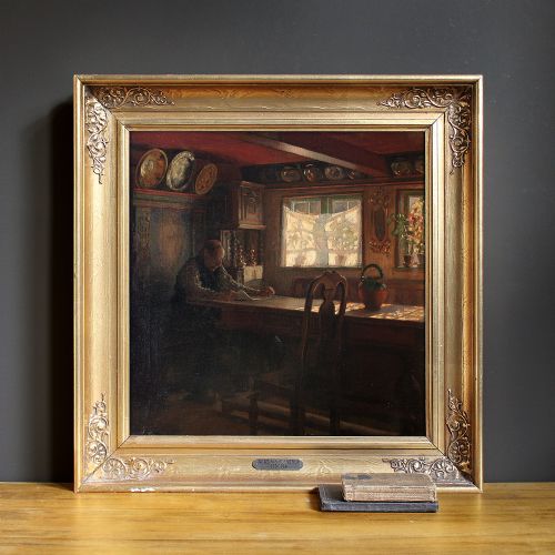 Valdemar Kornerup, Reading at the Long Table, Antique Oil Painting, Danish, Interior Scene