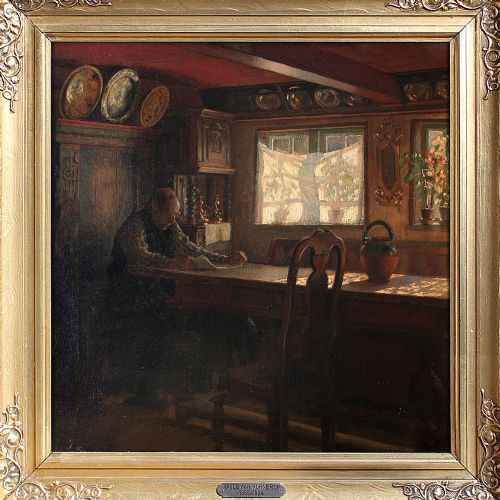 fig 1. Valdemar Kornerup, Reading At The Long Table, Antique Oil Painting, Danish, Interior Scene