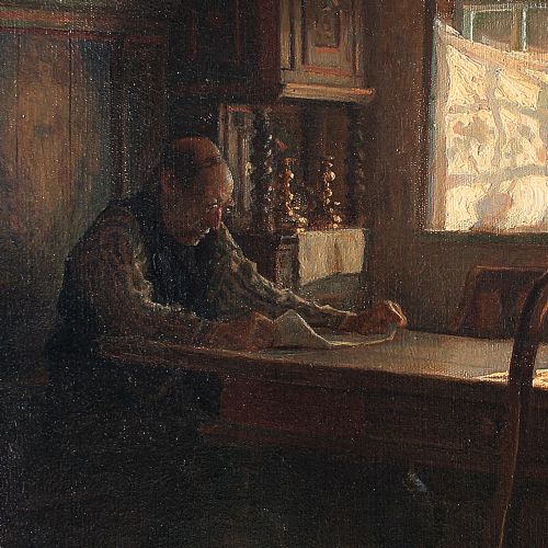 fig 2. Valdemar Kornerup, Reading At The Long Table, Antique Oil Painting, Danish, Interior Scene