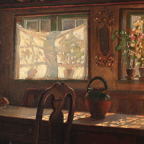 fig 3. Valdemar Kornerup, Reading At The Long Table, Antique Oil Painting, Danish, Interior Scene
