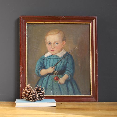 Folk Art Portrait of a Boy with Riding Crop & Rose, Naive Painting, Primitive