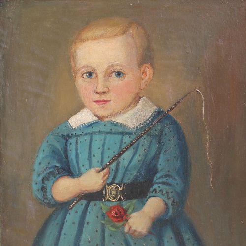 fig 1. Folk Art Portrait Of A Boy With Riding Crop & Rose, Naive Painting, Primitive