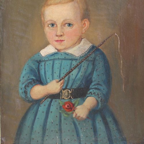 fig 2. Folk Art Portrait Of A Boy With Riding Crop & Rose, Naive Painting, Primitive