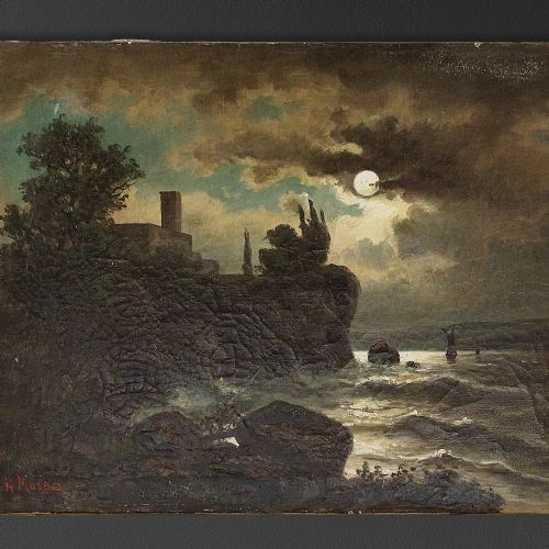 Anton Pick, Nocturnal Coastal Scene with Building, Dark Antique Moonlight Oil Painting, Seascape