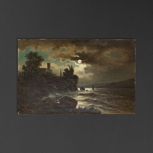 fig 1. Anton Pick, Nocturnal Coastal Scene With Building, Dark Antique Moonlight Oil Painting, Seascape