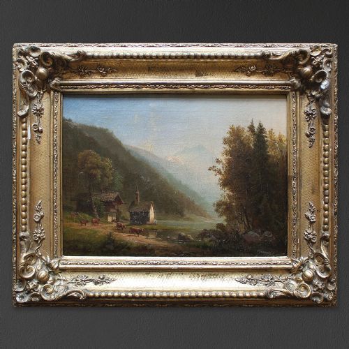 19thcentury idealised swiss landscape original antique oil painting mountains cows - CATEGORY: ANTIQUE ART - DATED 19TH CENTURY