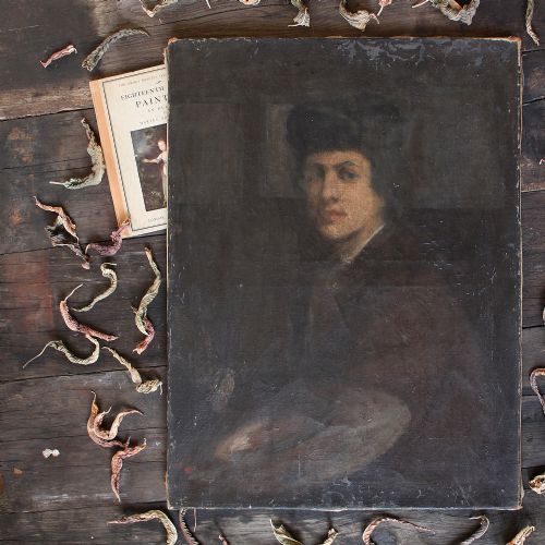 Portrait of an Artist with Palette, Dark & Worn Antique Painting