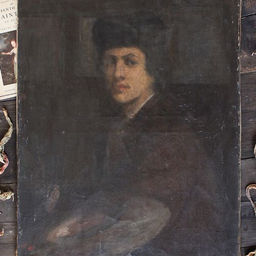 fig 1. Portrait Of An Artist With Palette, Dark & Worn Antique Painting