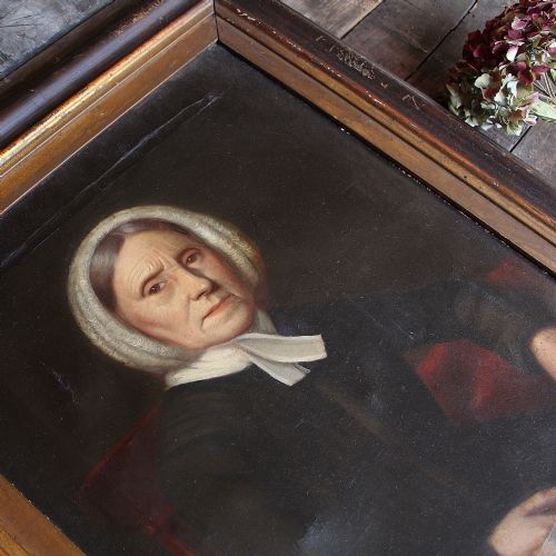 Portrait of a Female Quaker Holding Spectacles, Naive Antique Painting, Folk Art