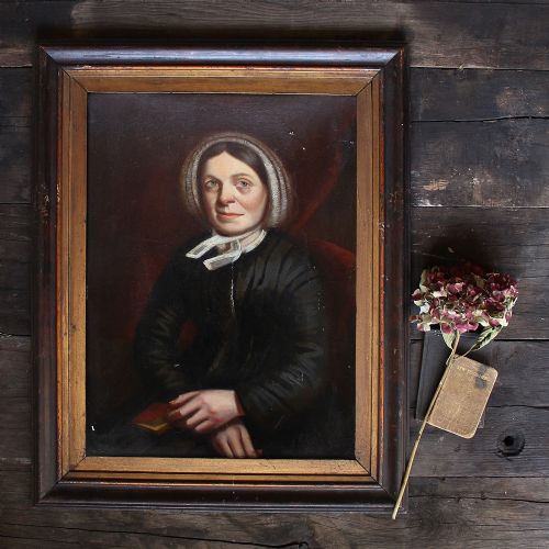Portrait of a Female Quaker with a Book, Antique Painting, Naive, Folk Art