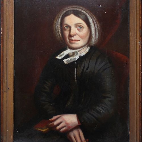 fig 1. Portrait Of A Female Quaker With A Book, Antique Painting, Naive, Folk Art