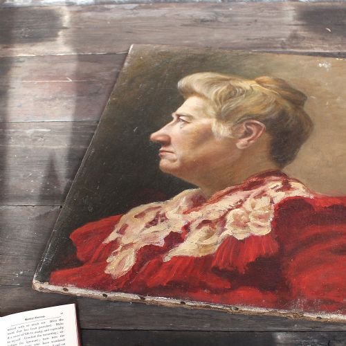 Continental Portrait of a Lady in a Red and White Blouse, Antique Oil Painting