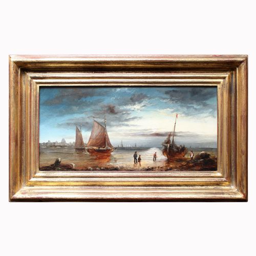 fig 1. Shore Scene With Fishermen & Boats, Antique Coastal Painting, Ships, Beach