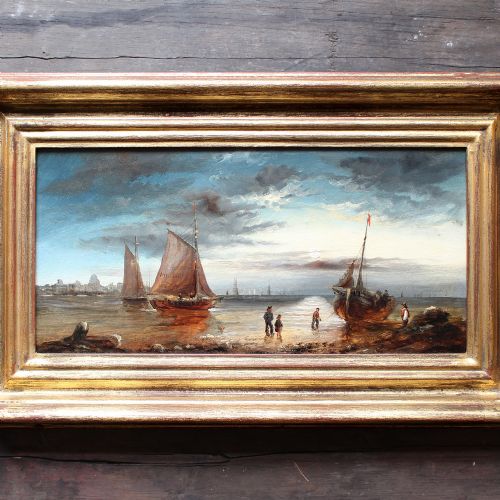 Shore Scene with Fishermen & Boats, Antique Coastal Painting, Ships, Beach