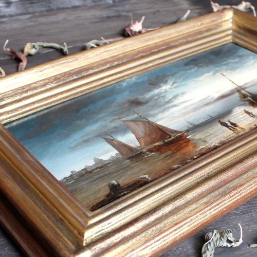 fig 2. Shore Scene With Fishermen & Boats, Antique Coastal Painting, Ships, Beach